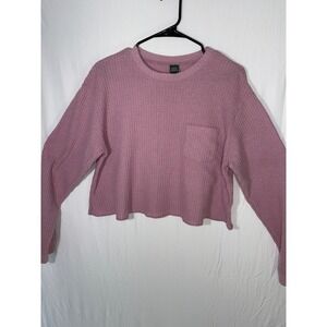 Wild‎ Fable Womens Top Size S Pink Waffle Knit Long Sleeve Crop Pocket Pullover